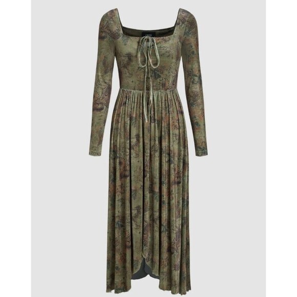 Cider Dresses & Skirts - Cider 12 14 Green Velvet Square Neck Floral Drawstring Midi Dress Long Sleeve